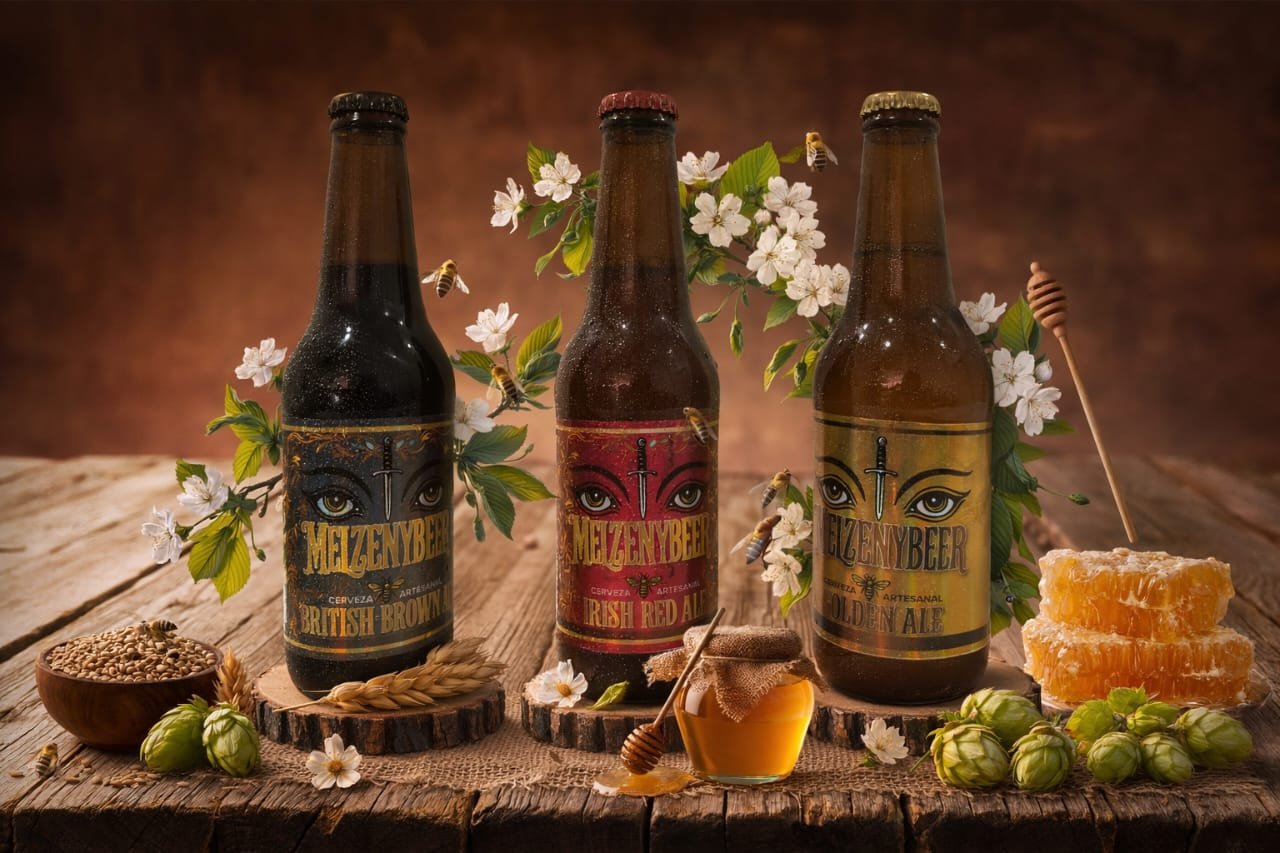 Botella de cerveza artesanal con miel Irish Red Ale Melzenybeer